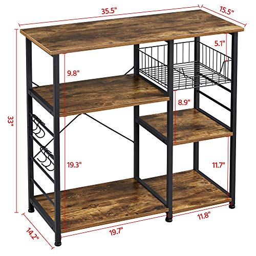Yaheetech 4-Tier Bakers Rack,Microwave Stand for Coffee Bar,Rustic Brown | Metal Coffee Station, Kitchen Racks Shelf with Storage,Wire Basket, Hooks,Adjustable Feet for Kitchenette,Small Apartment