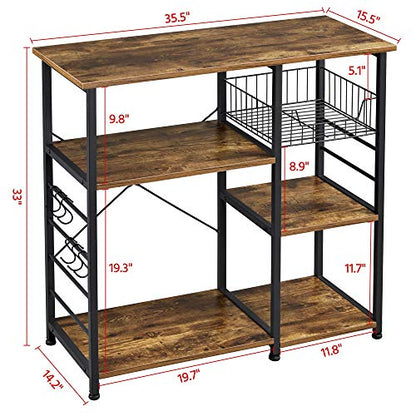 Yaheetech 4-Tier Bakers Rack,Microwave Stand for Coffee Bar,Rustic Brown | Metal Coffee Station, Kitchen Racks Shelf with Storage,Wire Basket, Hooks,Adjustable Feet for Kitchenette,Small Apartment