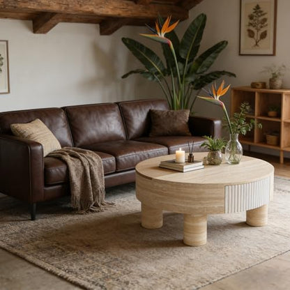 31.5" Round Coffee Table with Flip Top & Fluted Drawer for Living Room, Modern Circle MDF Wooden Center Table Tea Table for Apartment, Hidden Storage, Beige - color: 31.5" Round Coffee Table With Flip Top,beige