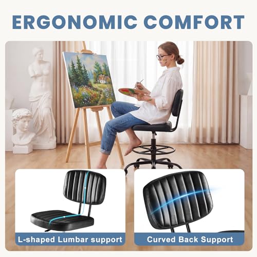 DUMOS Armless Drafting Chair, Standing Desk Chair, Rolling Stool | Ergonomic Low Back Office Seat, Height Adjustable with Footrest Ring, PU Leather, Swivel Wheels, Studio Lab Counter, Black - color: Black