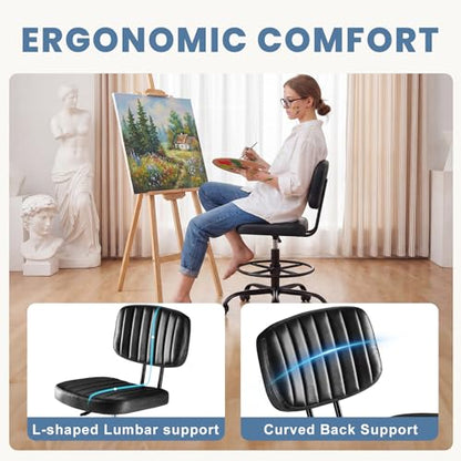 DUMOS Armless Drafting Chair, Standing Desk Chair, Rolling Stool | Ergonomic Low Back Office Seat, Height Adjustable with Footrest Ring, PU Leather, Swivel Wheels, Studio Lab Counter, Black - color: Black