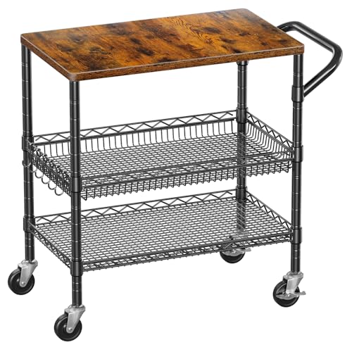 3 Tier Rolling Carts with Wheels, Heavy Duty Rolling Utility Cart with Wood Tabletop, Commercial Grade Metal Cart with Handle and Hooks, NSF Storage Serving Carts for Kitchen Island, Wood+Metal - color: Wood+metal-3 Tier