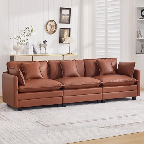 111'' Sectional Cloud Deep Seat Couch, Modern Comfy Leather Modular Sectional Sofa for Living Room Set, Upholstered Modular 3-Seats Sofa Couch, Leather Brown - color: Pu-dark Brown, size: 111'' 3 Seats