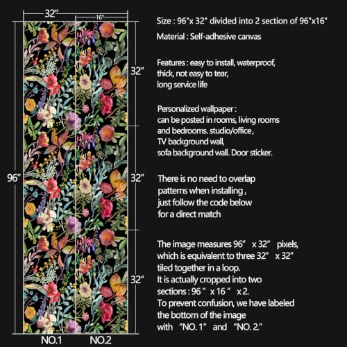 Black Flowers Peel and Stick self Adhesive Wallpaper Floral | - 96''x32'' - color: X17, size: 32" x 96"