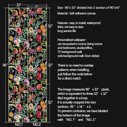 Black Flowers Peel and Stick self Adhesive Wallpaper Floral | - 96''x32'' - color: X17, size: 32" x 96"