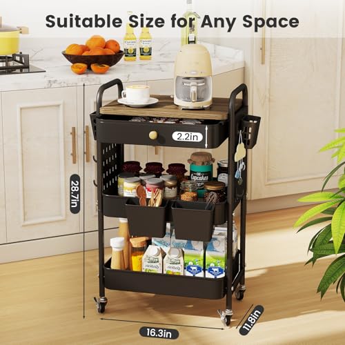 3-Tier Rolling Cart, Metal Rolling Storage Cart with Wooden Table Top & DIY Pegboards, Storage Cart with Wheels, Hooks & Hanging Cups, Storage Organizer Cart Craft Art Cart, Black