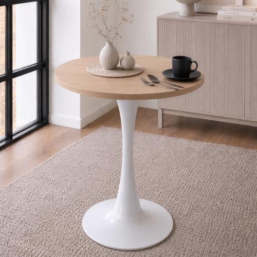 23.6" Small Round Dining Table for 2, [Sturdy Metal Tulip Base] Modern Circle Kitchen Table, for Dining Room Apartment Office Space Saving - color: Natural With White Base, size: 23.6"