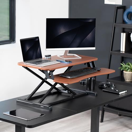 VIVO 32 inch Desk Converter, K Series, Height Adjustable Sit to Stand Riser, Dual Monitor and Laptop Workstation with Wide Keyboard Tray, Dark Walnut Top, Black Frame, DESK-V000KA | Height Adjustable, Stand Up Desk Riser, Wide Keyboard Tray, Dual Monitor