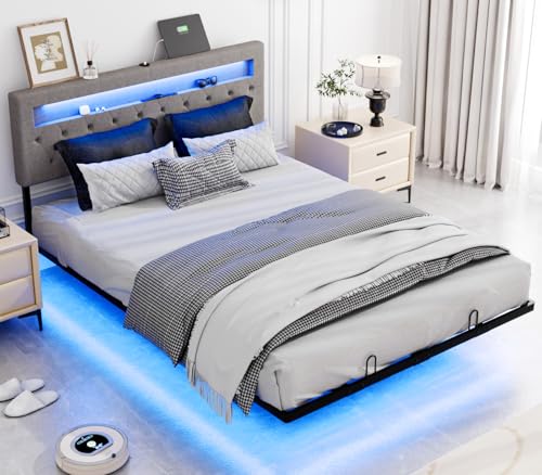 VINGLI Queen Floating Bed Frame with Headboard Heavy Duty Metal Frame, Storage Shelf, LED Lights Charging Station, Modern Platform Bed, Adjustable Headboard, No Box Spring Needed, Grey - color: Grey, size: Queen