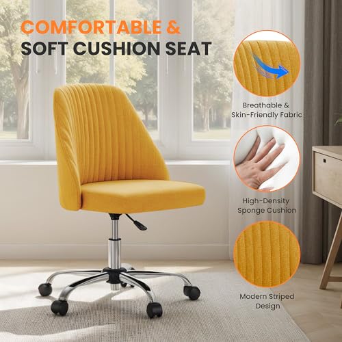 Simple Deluxe Armless Office Desk Chair, Modern Cute Swivel Vanity Chair Comfy Home Office Chairs with Wheels Height Adjustable Rolling Computer Task Stools for Living Room, Make-up, Bedroom, Yellow - color: Yellow