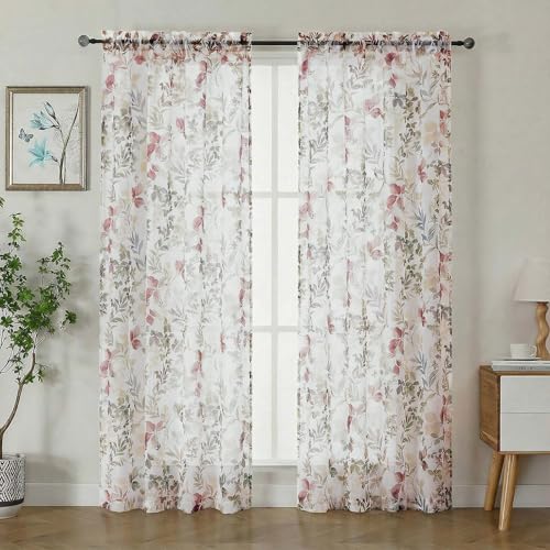 Crushed Semi Sheer Curtains 72 Inch Length 2 Panels, Printing Floral Pattern Rod Pocket Light Filtering Farmhouse Curtains for Bedroom Living Room, 2 Pieces 84 Inch Wide, Purple, 72 inch Long - color: Purple/Multi, size: 42"W x 72"L (Pack of 2)
