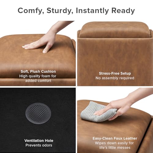 mopio Levi Storage Ottoman with Reversible Tray, Modern Square Chest Coffee Table, Upholstered Cube Sitting Foot Stools Ottoman for Living Room, Bedroom, Entryway (Faux Leather, Pecan Brown) - color: Brown Pu Leather, Cube
