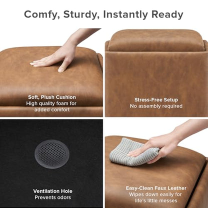 mopio Levi Storage Ottoman with Reversible Tray, Modern Square Chest Coffee Table, Upholstered Cube Sitting Foot Stools Ottoman for Living Room, Bedroom, Entryway (Faux Leather, Pecan Brown) - color: Brown Pu Leather, Cube