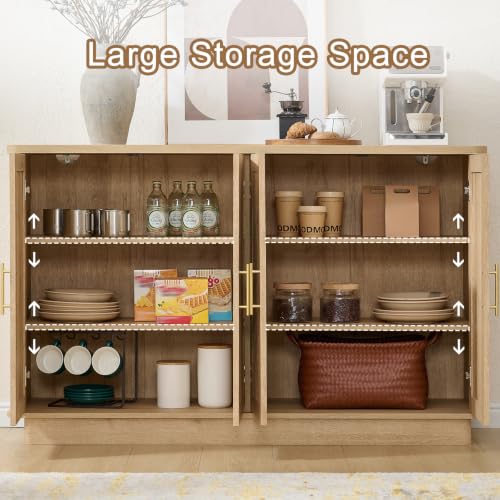 Okvnbjk Modern Sideboard Buffet Cabinet with Storage, Oak | Fluted Coffee Bar Cabinet with 4 Doors & Adjustable Shelves for Kitchen, Dining Room, Living Room & Hallway - color: Oak