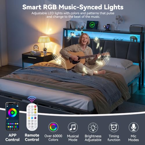 FreeHouse Full Size Bed Frame with Storage Headboard & 2 Drawers,Grey | Upholstered Full bed frame with Charging Station & LED Light, Fabric Drawers,Metal Slats, No Box Spring Needed, Noise-Free - color: Grey, size: Full