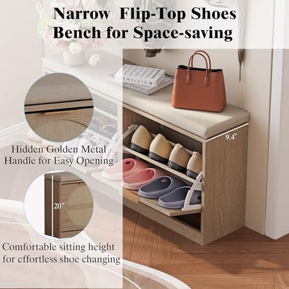 LUMTOK Shoe Storage Bench with 2 Coat Racks & Padded Cushion, Rattan Entryway Bench with 2 Flip Drawers，Narrow Shoes Storage Cabinet with Hooks for Hallway, Living Room, Bedroom