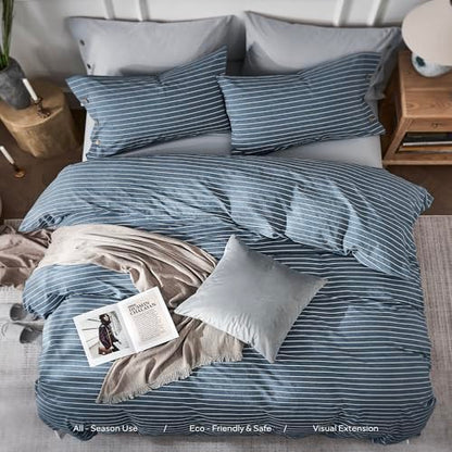 JELLYMONI Cotton Duvet Cover Oversized King Size - Blue Pinstriped Comforter Cover with Button 100% Washed Cotton 3PCS Breathable Soft Solid Bedding Set Duvet Cover 120×98in & 2 Pillowcases - color: 03- Blue Pinstripe, size: Oversized King(120"×98")