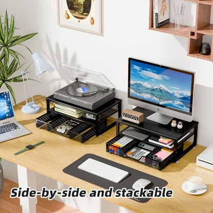 Simple Trending 2-Tier Monitor Stand Riser, Laptop & Printer Stand, Black | Metal Desk Organizer with Drawer, Desktop Organizer, Ergonomic Design, for Home Office, 16.34"W x 10.35"D x 3.5"H - size: 16.34"W x 10.35"D x 3.5"H