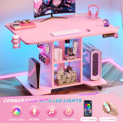 SEDETA Small Standing Gaming Desk, 31.5" Rolling Computer PC Desk Electric Height Adjustable with Power Outlet, Pegboard & Storage Shelves, LED Light, for Small Spaces/Bedroom/Gaming/Girl Room, Pink - color: Pink