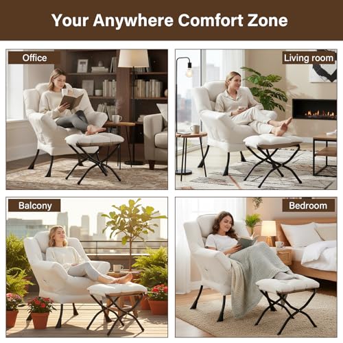 Welnow Lazy Chair with Ottoman, Reading Chair with Footrest, Beige | A Side Pocket,Armrests,Foldable Footrest,Thick Cushioned Seat & Backrest, Lounge Chair for Bedroom,Living Room & Small Space - color: Beige