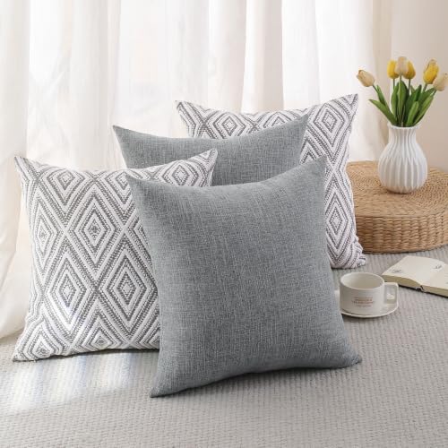 HPUK Throw Pillow Covers 20x20, Set of 4, Grey Textured Couch Pillow Covers | Polyester fabric, patterned and solid designs, hidden zippers, machine washable, for sofas and beds, inserts not included - color: Grey, size: 20" x 20" (Pack of 4)