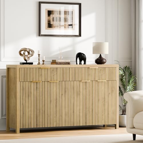55" Sideboard Buffet Cabinet with Storage for Kitchen, Natural | Adjustable Shelves, Quiet Full-Extension Slides, Curved Metal Handle, Coffee Bar with Drawers for Dining Room, Entryway - color: Natural, size: 13.8"D x 55.09"W x 32.8"H