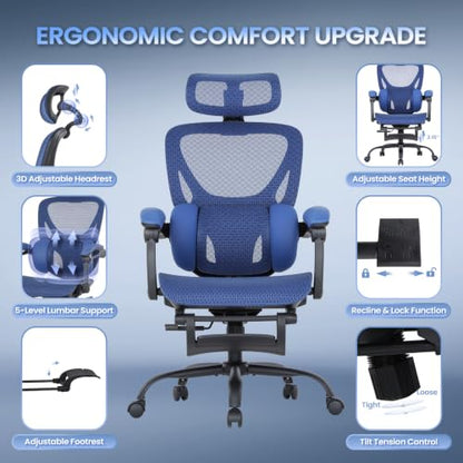 MALOL Ergonomic Mesh Office Chair with Footrest, Executive High Back Computer Desk Chair with 3D Adjustable Headrest & 5-Level Lumbar Support, Track Armrest, Tilt Lock, 300LBS, Blue - color: Blue