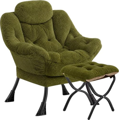 Lazy Chair with Folding Ottoman,Leisure Sofa Chair,Soft Fabric Armchair with Armrests and Side Pockets, Reading Chair with Footrest for Living Room, Bedroom, Office (Plush Green) - color: Plush Green