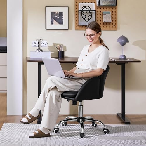 Yaheetech Black Petal Faux Leather Makeup Vanity Desk Chair, Swivel Wheels | Easy-clean faux leather cushioned seat fits makeup vanity, nail salon or office desks; adjustable height, swivel, fast setup. - color: Black