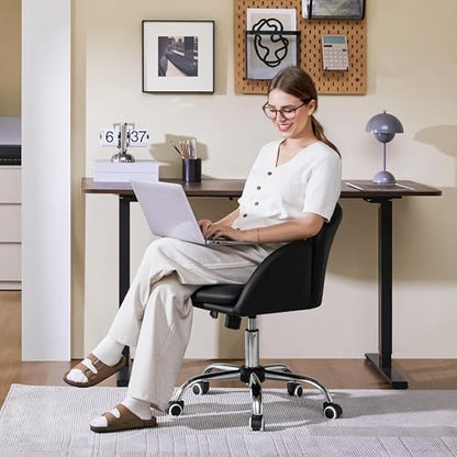 Yaheetech Black Petal Faux Leather Makeup Vanity Desk Chair, Swivel Wheels | Easy-clean faux leather cushioned seat fits makeup vanity, nail salon or office desks; adjustable height, swivel, fast setup. - color: Black