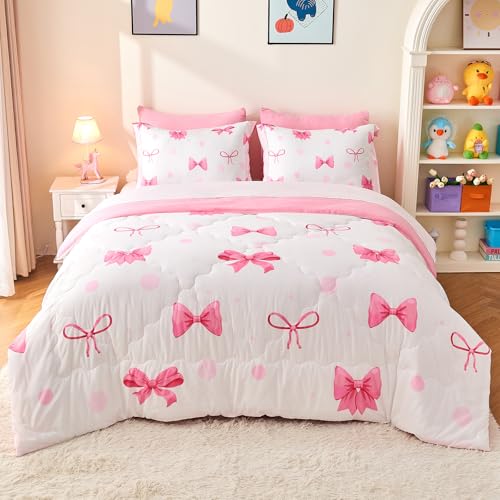 Wajade 7 Piece Pink Bow Bedding Set for Girls Kids Twin Size Comforter Set with Sheet and 2 Pillowcases 2 Pillow Shams Cute Girls Bed in a Bag as Birthday Choice - color: Bow, size: Twin