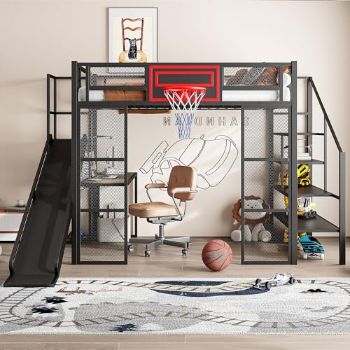 LUMISOL Full Size Loft Bed with Desk and Stairs, Heavy Duty Metal Loft Bed Frame with Storage Shelves and Basketball Hoop, Noise Free, No Box Spring Needed, Black - color: Black, size: Full with Slide