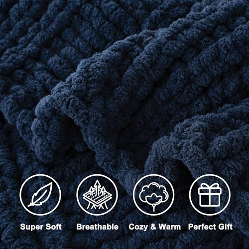 Battilo Chunky Knit Throw Blanket for Couch, 50"x60", Navy Blue | Hand Knit, Gift Blanket, Cozy Warm Thick Soft Chenille Throw Blanket for Bed, Sofa, Chair, Living Room - color: Navy