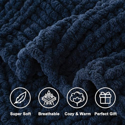 Battilo Chunky Knit Throw Blanket for Couch, 50"x60", Navy Blue | Hand Knit, Gift Blanket, Cozy Warm Thick Soft Chenille Throw Blanket for Bed, Sofa, Chair, Living Room - color: Navy