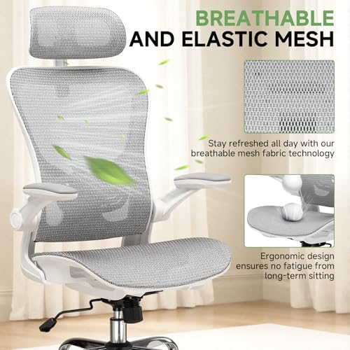 GTPLAYER Office Chair, Home Ergonomic Desk Chair with High Back Mesh, Mesh Office Computer Desk Chairs with Adjustable Lumbar Support, Rolling Work Swivel Task Chairs with 3D Armrests and Headrest - color: White