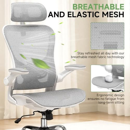 GTPLAYER Office Chair, Home Ergonomic Desk Chair with High Back Mesh, Mesh Office Computer Desk Chairs with Adjustable Lumbar Support, Rolling Work Swivel Task Chairs with 3D Armrests and Headrest - color: White