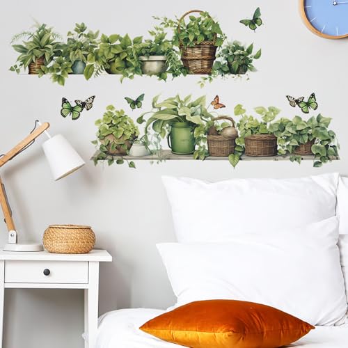 Green Plant Wall Decals 3D Bonsai Tropical Plant Betterfly Wall Sticker Creative Vinyl Peel and Stick Removable Wall Art Decor for Living Room Bedroom Home Office - style: Green Plant 1