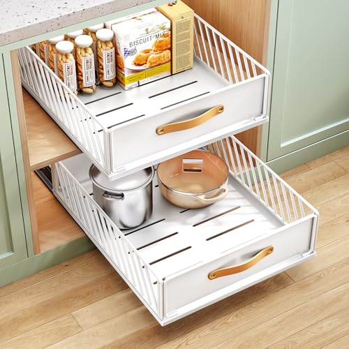 Pull out Cabinet Organizer,Heavy Duty Slide out Pantry Shelves Drawer Storage with Adhesive Nano Film,Sliding Mesh Cabinet Basket with Handle for Kitchen, Bathroom, Home, 13.8"W X 21"D X 6.2"H,White - color: White, size: 13.8"Wide-21"Deep (1Pack)