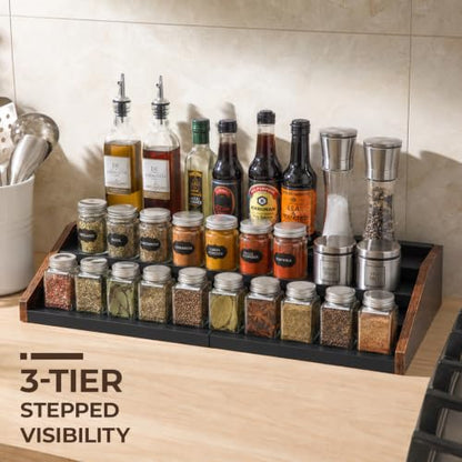 3-Tier Expandable Spice Rack Organizer, 12.8-22.6 in, Rustic Brown | Adjustable, Countertop Stepped wood & iron Seasoning Organizer, Shelf for kitchen Cabinet Pantry Jars Bottles Syrup - color: Rustic Brown