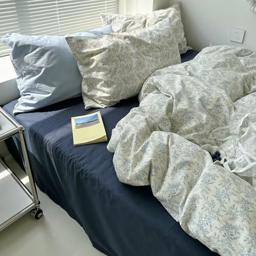 MKXI Twin Duvet Cover Set Blue White Floral Print - Vintage Chinoiserie Boho Comforter Cover with Pillowcases, 100% Cotton Coastal Bedding for Bohemian & Transitional Style Bedroom - color: 003 Blue Floral, size: Twin