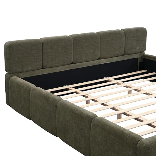 King Size Platform Bed, Boucle Thick Headboard and Footboard, Upholstery Grounded Beds, Block Style, White (Green, King) - color: Green, size: King