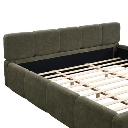 King Size Platform Bed, Boucle Thick Headboard and Footboard, Upholstery Grounded Beds, Block Style, White (Green, King) - color: Green, size: King