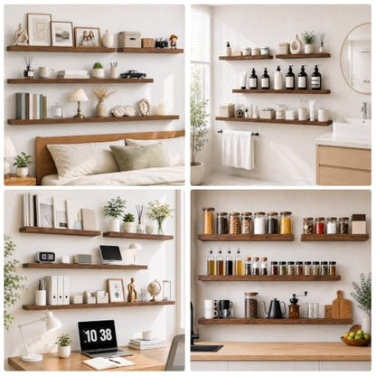 RICHER HOUSE 55 Inch Long Floating Shelves, 12" Deep Wood Wall Shelf, Brown | Wide Wall Shelves for Bedroom Kitchen Bathroom Wall Mounted Shelves, Wooden Bookshelf with Invisible Bracket, Brown, 2 Pack - color: Brown, size: 55in