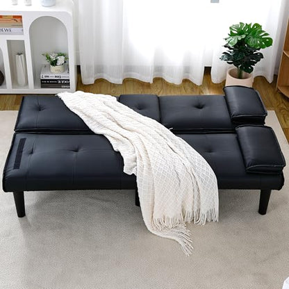 67" Futon Sofa Bed, Convertible Leather Futon Couch (Black) | Sleeper Bed Couches with Adjustable Backrest, Cup Holders, Comfy Folding Loveseat Couch for Small Spaces Living Room Office - color: Black