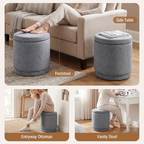 GIANTEX Round Ottoman with Storage, Chenille Fabric Vanity Stool with Removable Lid, Acacia Wood Frame, Ottoman Foot Rest for Living Room, Bedroom, Makeup Room No Assembly (Warm Light Gray)