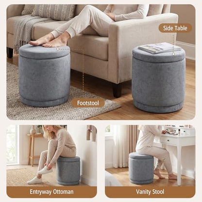 GIANTEX Round Ottoman with Storage, Chenille Fabric Vanity Stool with Removable Lid, Acacia Wood Frame, Ottoman Foot Rest for Living Room, Bedroom, Makeup Room No Assembly (Warm Light Gray)