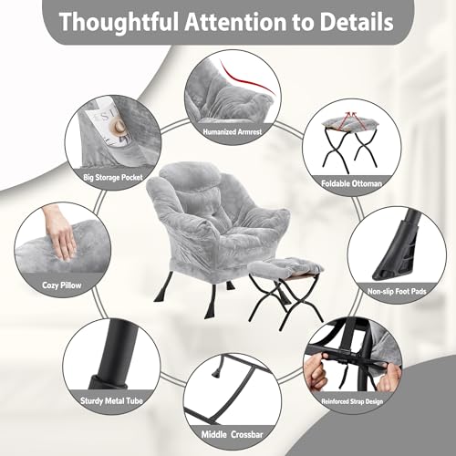 Youtanic Lazy Chair with Folding Ottoman, Accent Chair Plush Upholstered with Metal Structure and Non-Slip Pads, Sofa Armchair with Footrest and Side Storage Bag for Dorm, Room, Office, Light Gray - color: Plush Light Gray