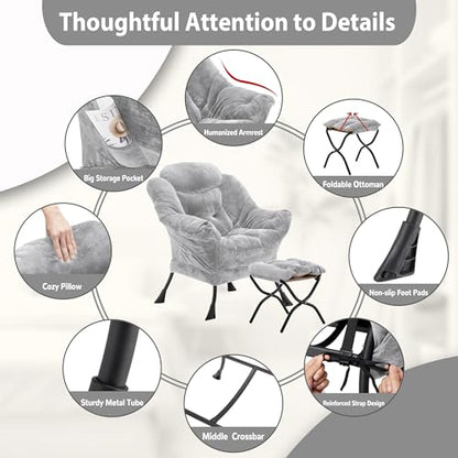 Youtanic Lazy Chair with Folding Ottoman, Accent Chair Plush Upholstered with Metal Structure and Non-Slip Pads, Sofa Armchair with Footrest and Side Storage Bag for Dorm, Room, Office, Light Gray - color: Plush Light Gray