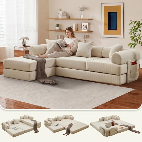 107" Modular Sectional Sofa Bed, L-Shape Corduroy Boneless Couch, Beige | Sleeper Futon Sofa Bed, Boneless Couches for Living Room, Modular Couch with Storage, Pull Out Couch, No Assembly Required - color: Beige Corduroy