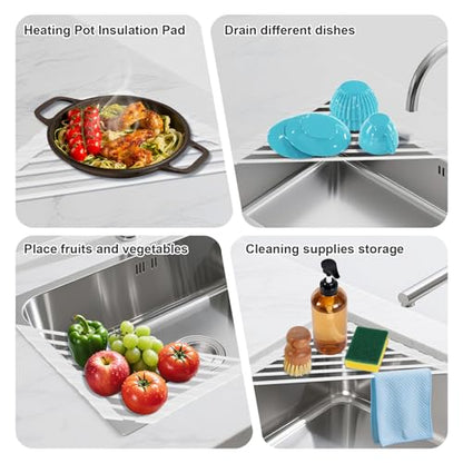 HANZENMA Triangular Sink Rack, Multi-Functional Rack Above the countertop, Foldable Sink Drying mat, Heat-Resistant, Non-Slip, and Rust-Proof Dish Rack (White) - color: White, size: Triangle: 15.8" x 9"